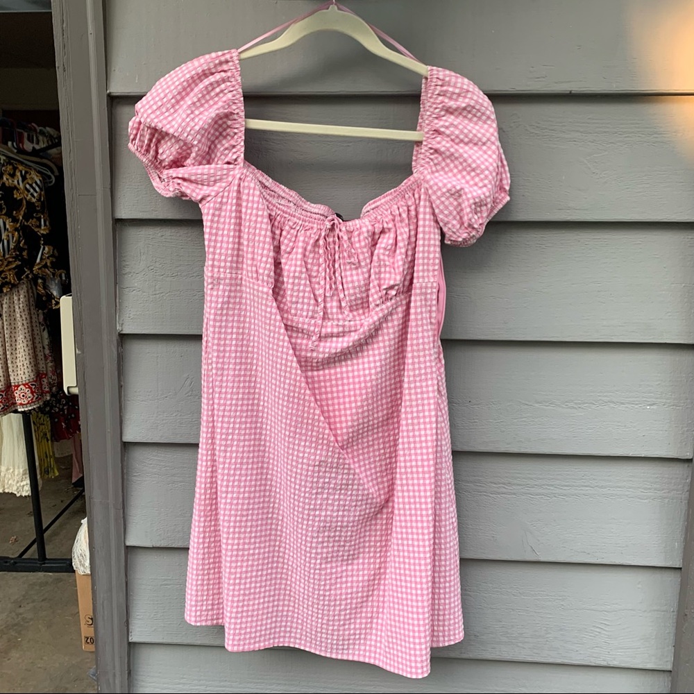 zara pink and white milkmaid gingham dress